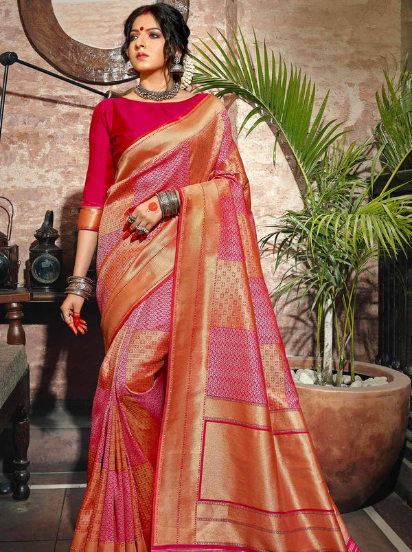Handloom Rani Pink Pure Chanderi Silk Saree With Orange Mashroo Border –  WeaverStory